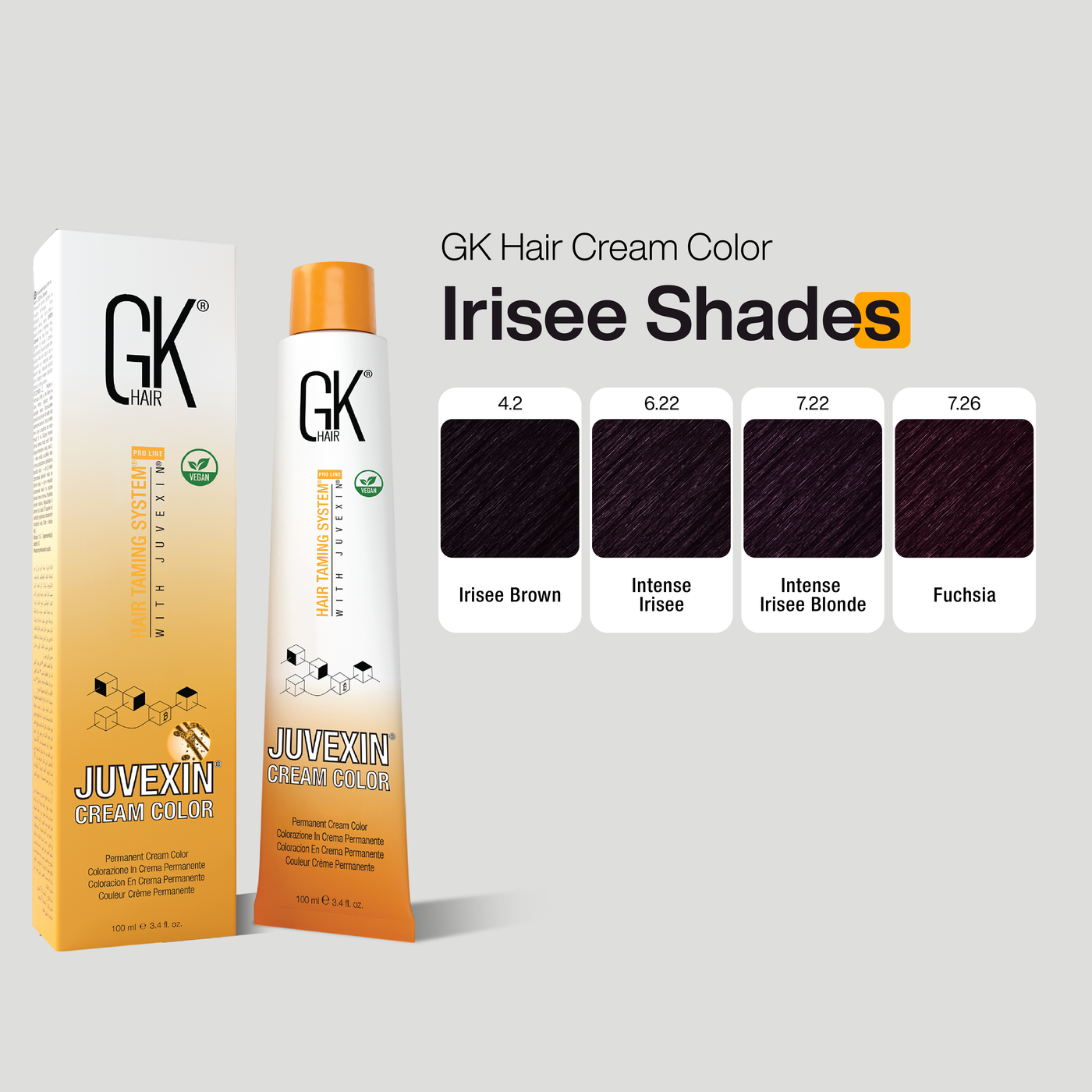 GK Hair Cream Color packaging with Irisee Shades on a gray background