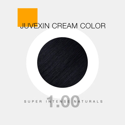 A hair color sample displays a Black shade labeled as "Juvexin Cream Color 1.00 Super Intense Naturals" with a small orange square above the text.