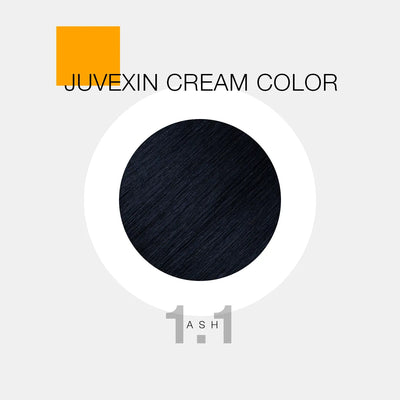 A hair color sample displays a ash shade labeled as "Juvexin Cream Color 1.1 Ash" with a small orange square above the text.