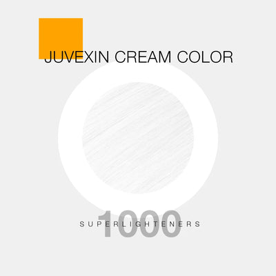 A hair color sample displays a super light shade labeled as "Juvexin Cream Color 1000 Superlighteners" with a small orange square above the text.