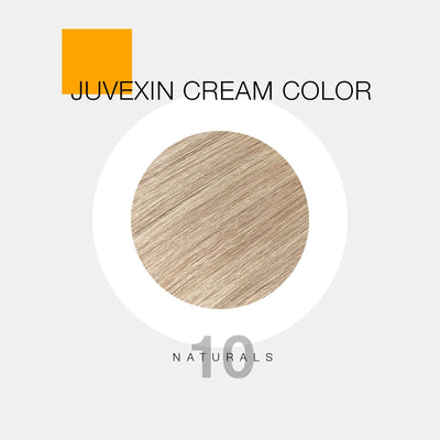 A hair color sample displays a medium Ash shade labeled as "Juvexin Cream Color 10 Naturals" with a small orange square above the text.