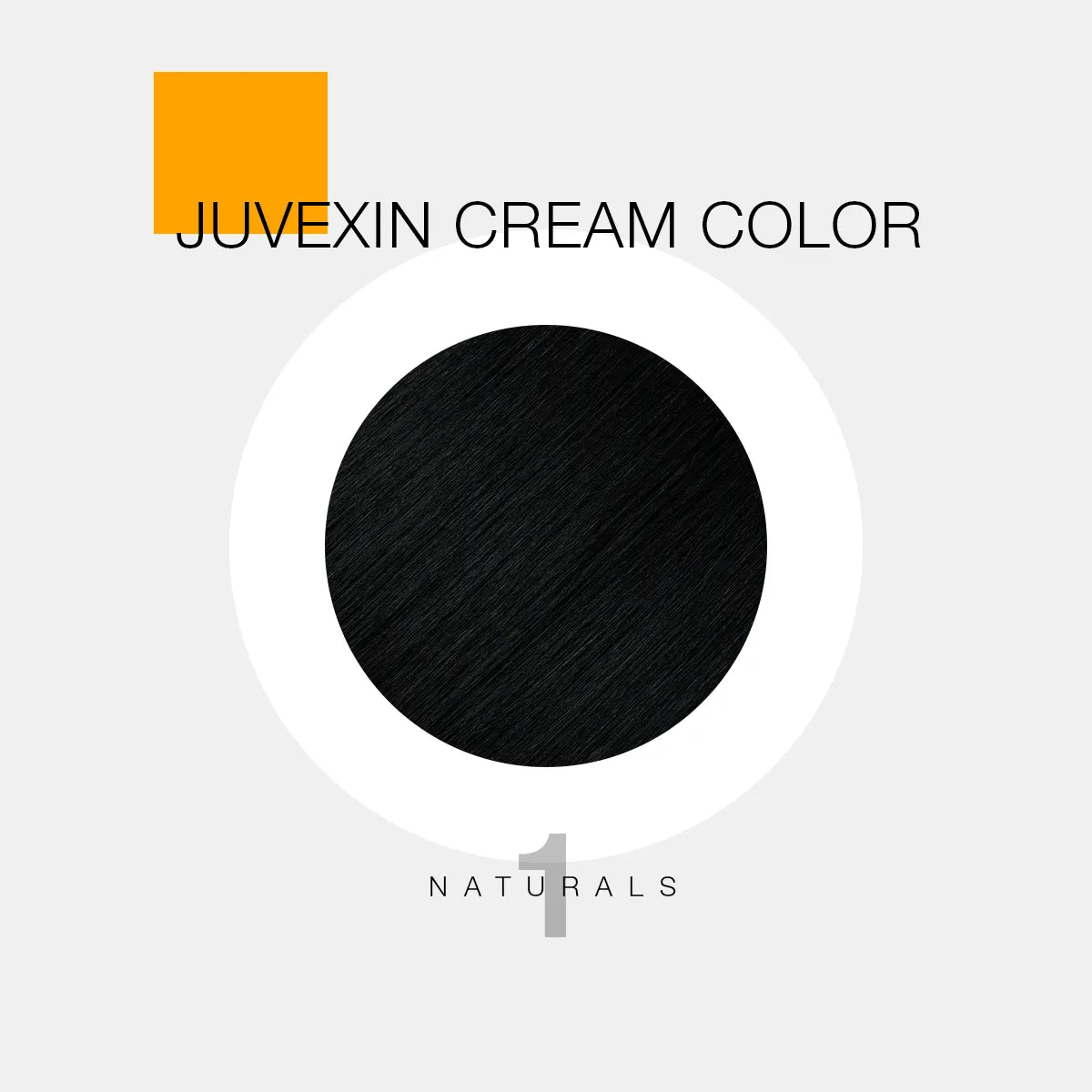 A hair color sample displays a black shade labeled as "Juvexin Cream Color 1 Naturals" with a small orange square above the text.