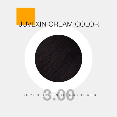 Juvexin Cream Color in shade 3.00 Super Intense Naturals. A circular swatch shows Dark Brown color, with bold text and a small orange square accent.
