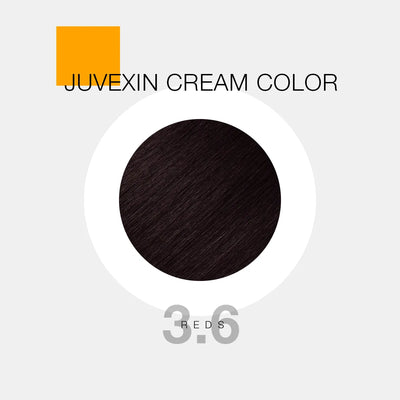 A hair color sample displays a Dark Red shade labeled as "Juvexin Cream Color 3.6 Reds" with a small orange square above the text.