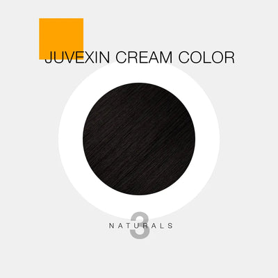 A hair color sample displays a medium brown shade labeled as "Juvexin Cream Color 3 Naturals" with a small orange square above the text.