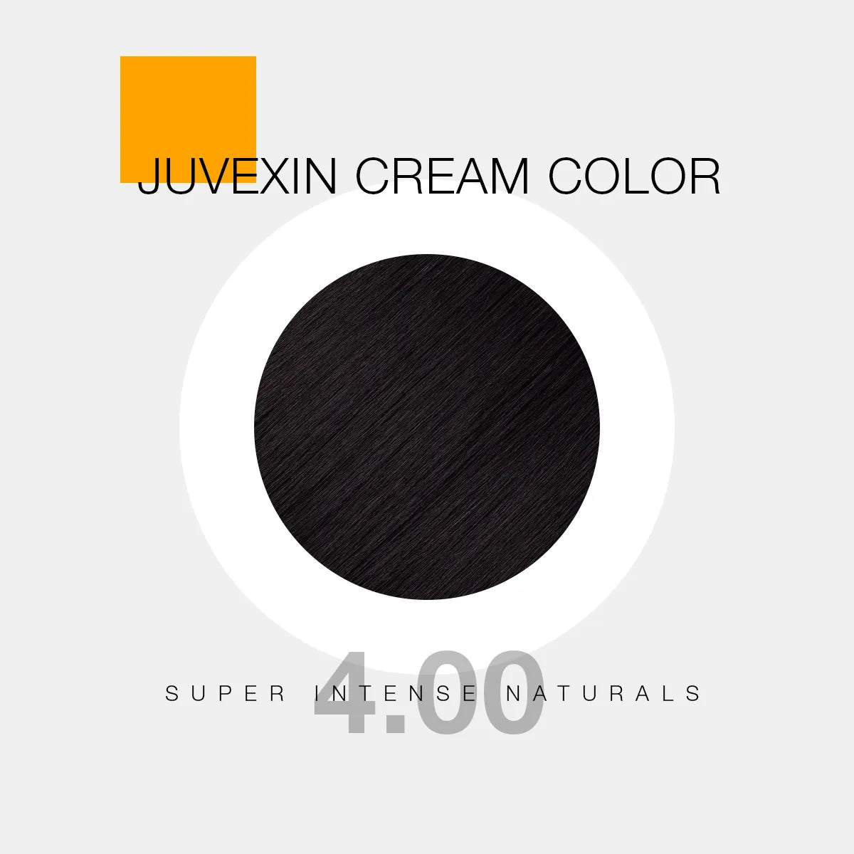 Juvexin Cream Color in shade 4.00 Super Intense Naturals. A circular swatch shows Black color, with bold text and a small orange square accent.