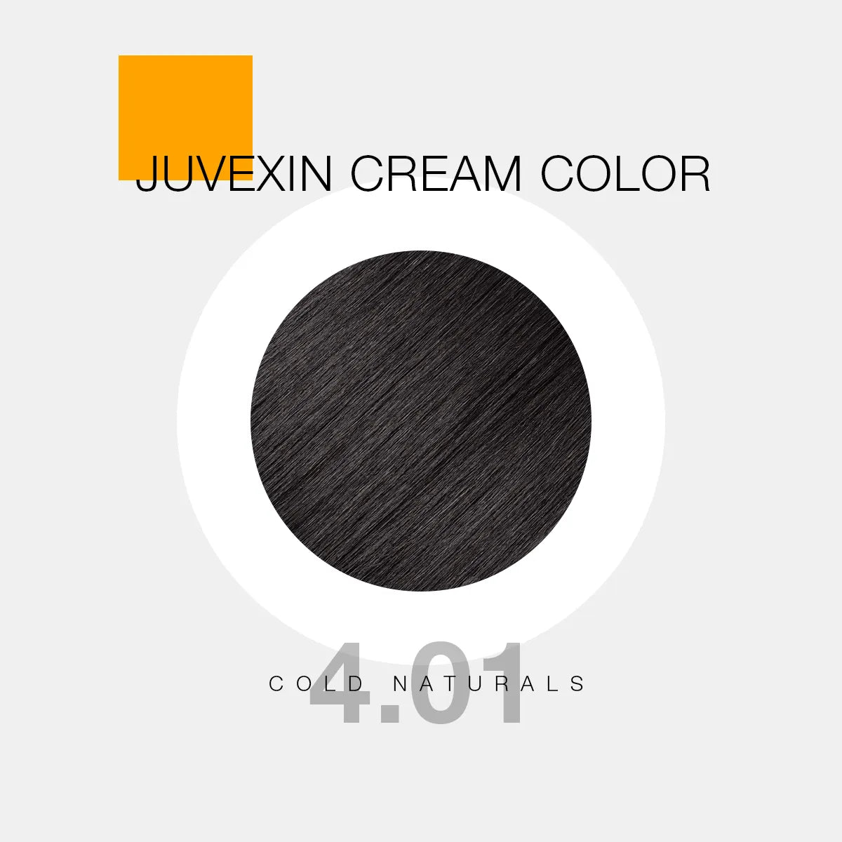 A hair color sample displays a Cold Naturals shade labeled as "Juvexin Cream Color 4.01 Cold Naturals" with a small orange square above the text.