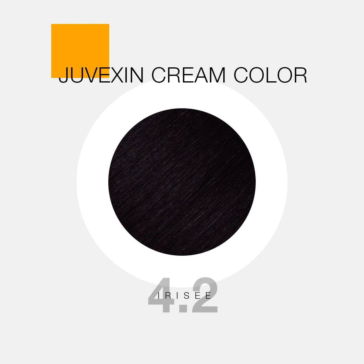 A hair color sample displays a ash shade labeled as "Juvexin Cream Color 4.2 Irisee" with a small orange square above the text.