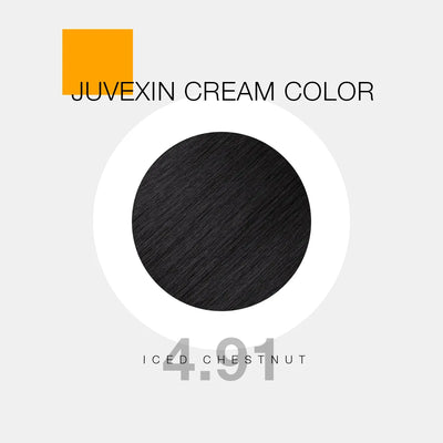 Juvexin Cream Color in shade 10.12 Iced Chestnut. A circular swatch shows Chestnut color, with bold text and a small orange square accent.
