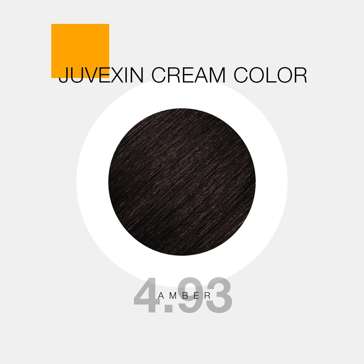 A hair color sample displays a ash shade labeled as "Juvexin Cream Color 4.93 Amber" with a small orange square above the text.