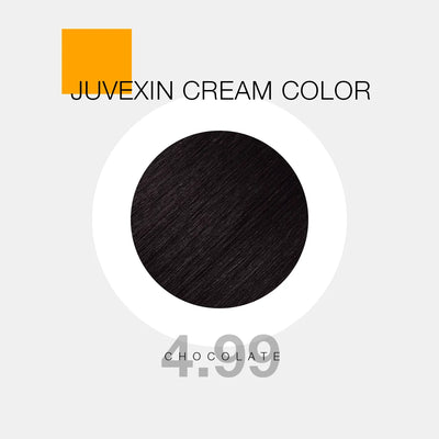 A hair color sample displays a ash shade labeled as "Juvexin Cream Color 4.99 Chocolate" with a small orange square above the text.