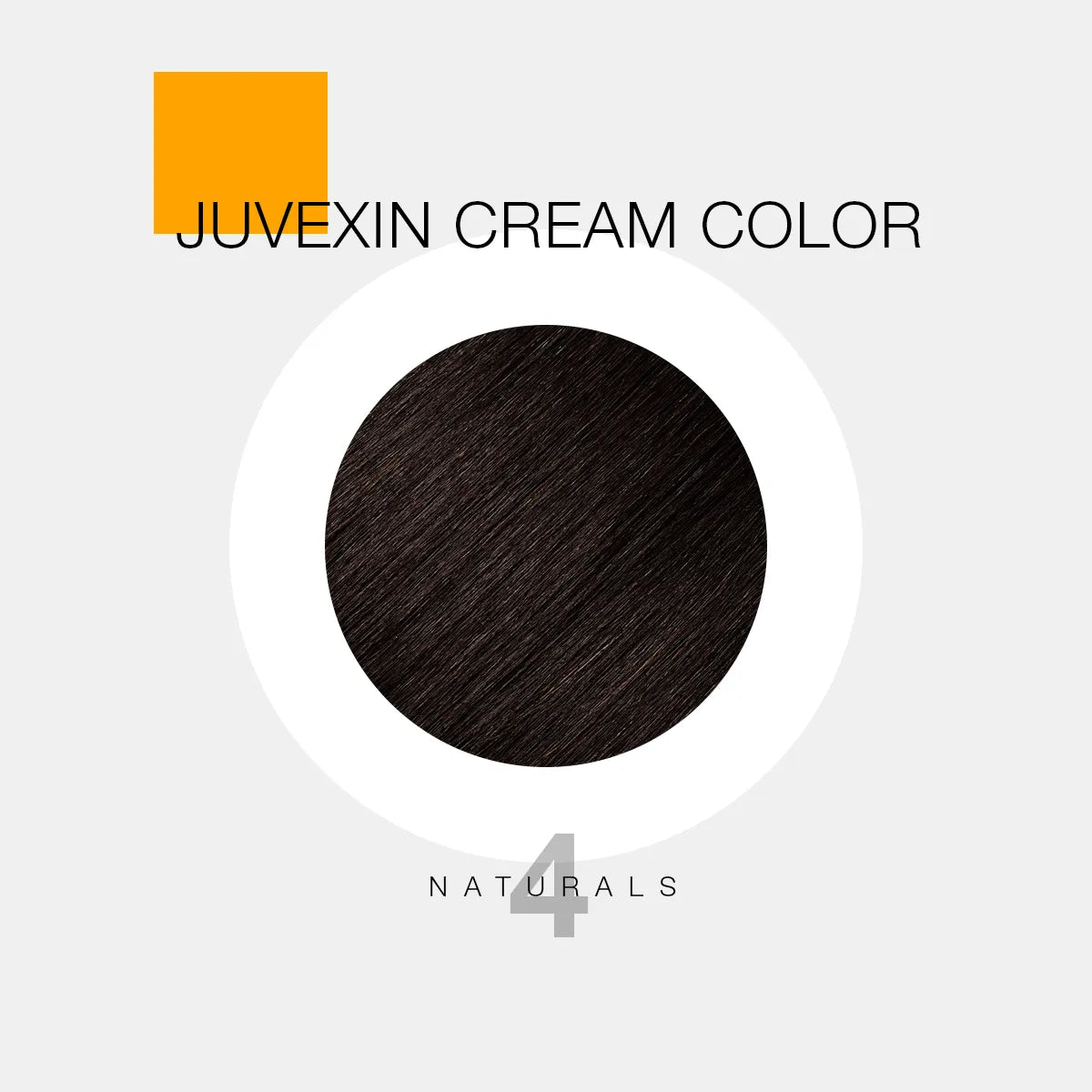 A hair color sample displays a medium black shade labeled as "Juvexin Cream Color 4 Naturals" with a small orange square above the text.