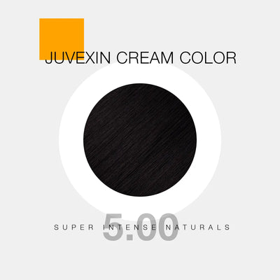 Juvexin Cream Color in shade 5.00 Super Intense Naturals. A circular swatch shows Dark Brown color, with bold text and a small orange square accent.