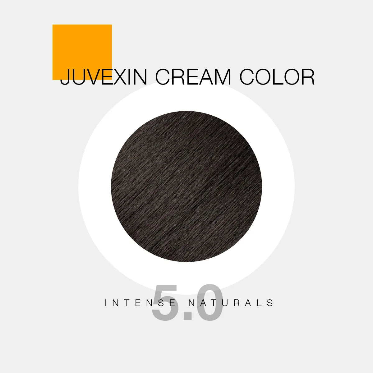 A hair color sample displays a medium brown shade labeled as "Juvexin Cream Color 5.0 Intesnse Naturals" with a small orange square above the text.