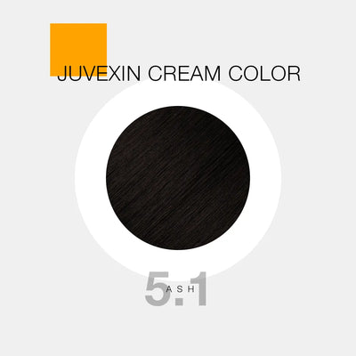 A hair color sample displays a ash shade labeled as "Juvexin Cream Color 5.1 Ash" with a small orange square above the text.