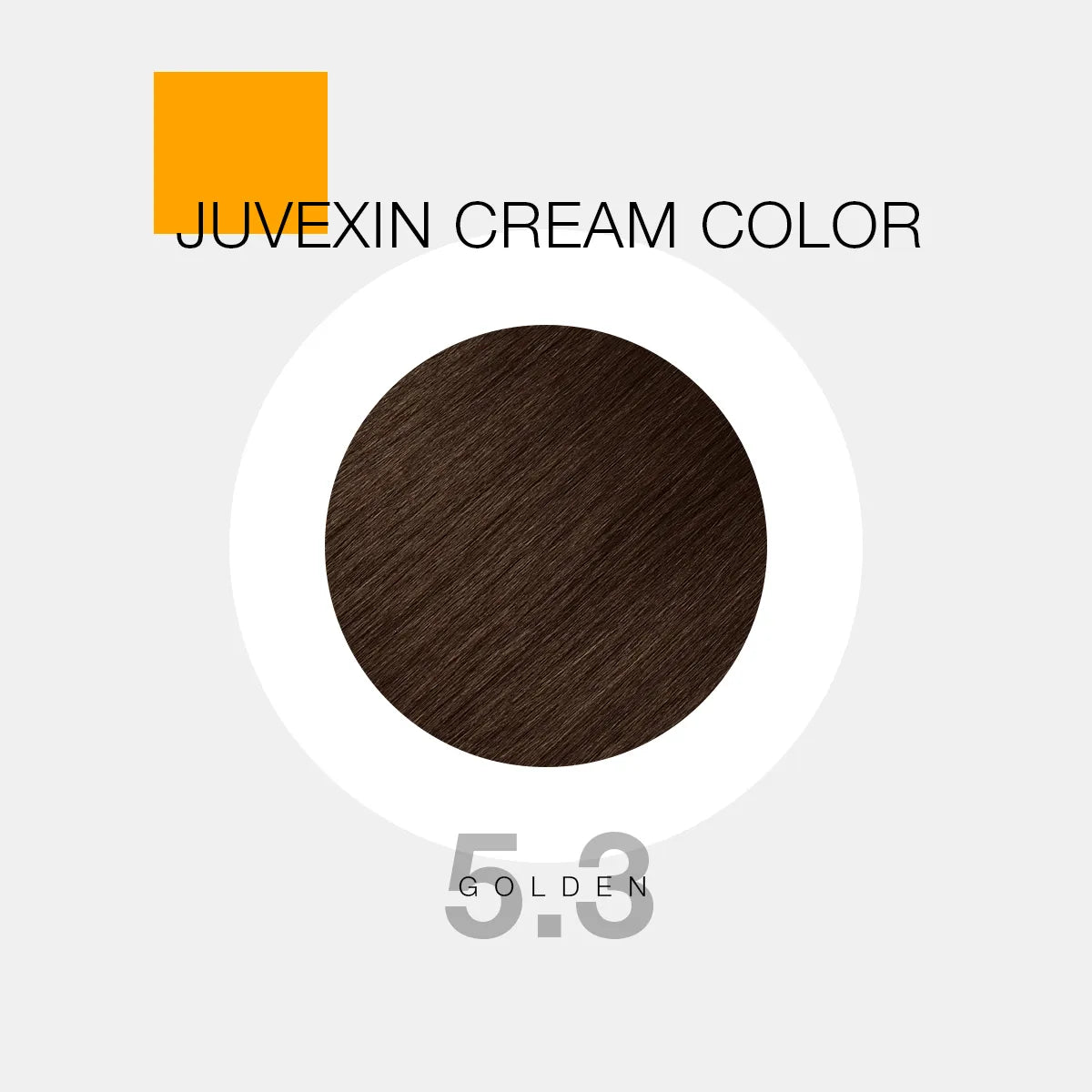 A hair color sample displays a 5.3 Golden shade labeled as "Juvexin Cream Color 5.3 Golden" with a small orange square above the text.
