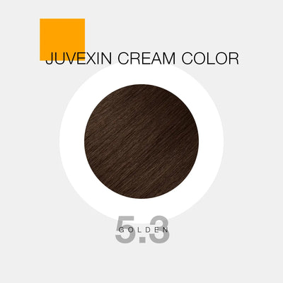 A hair color sample displays a 5.3 Golden shade labeled as "Juvexin Cream Color 5.3 Golden" with a small orange square above the text.