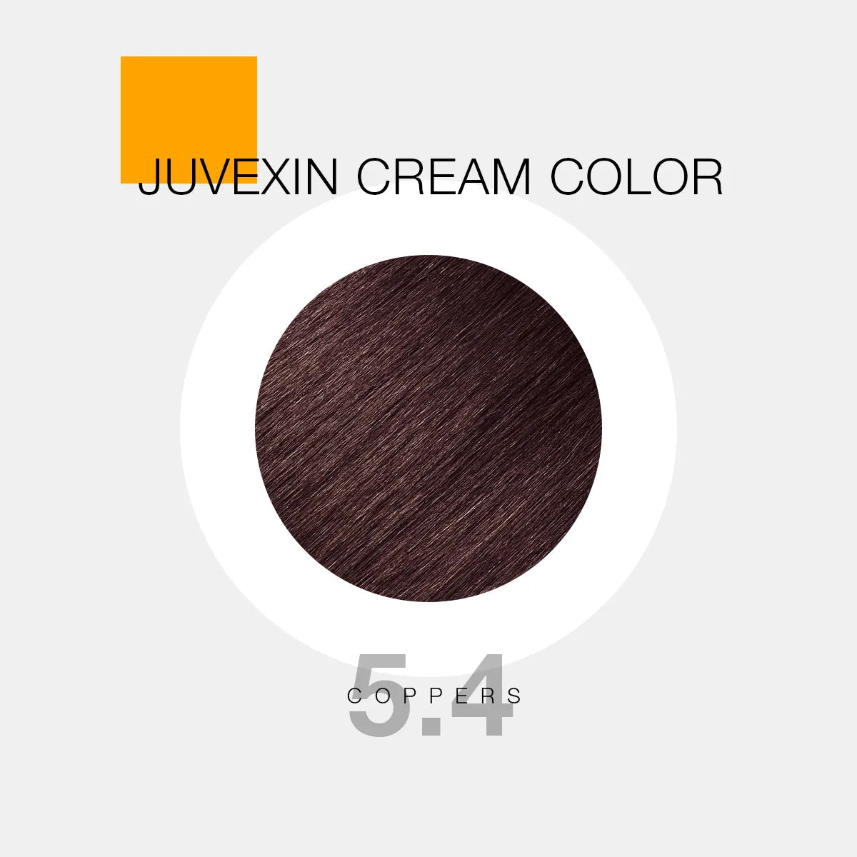 A hair color sample displays a medium brown shade labeled as "Juvexin Cream Color 5.4 Coppers" with a small orange square above the text.