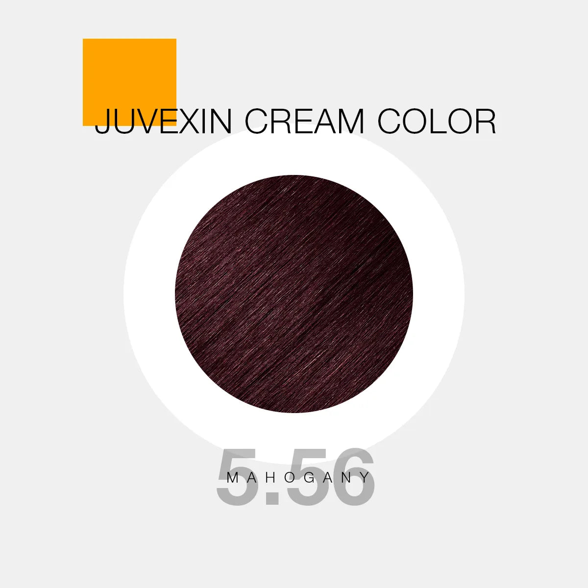 A hair color sample displays a medium brown shade labeled as "Juvexin Cream Color 5.56 Mahogany" with a small orange square above the text.