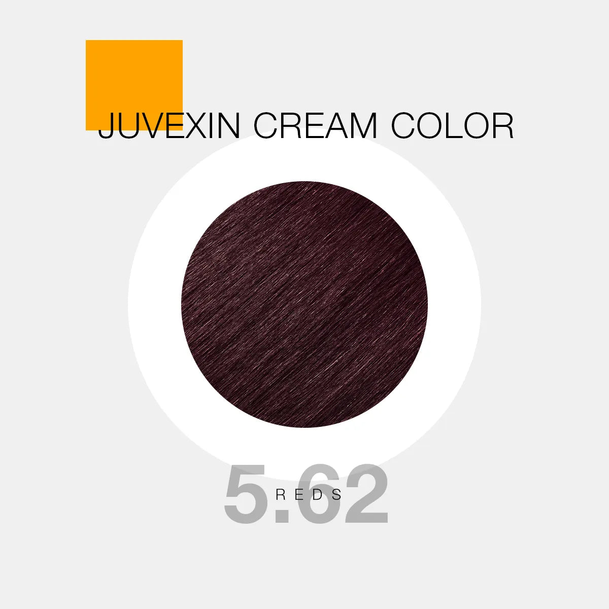 A hair color sample displays a Dark Red shade labeled as "Juvexin Cream Color 5.62 Reds" with a small orange square above the text.