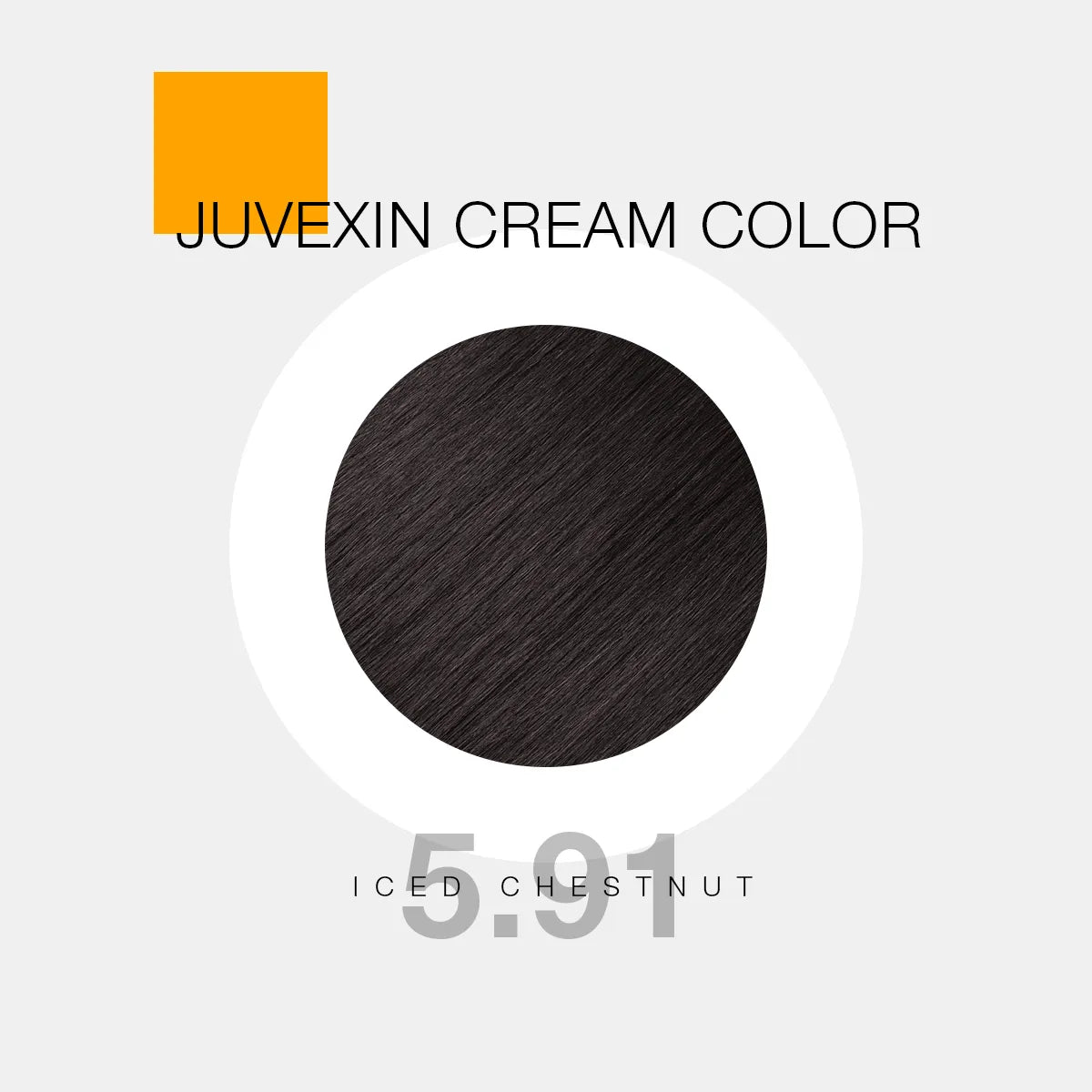 Juvexin Cream Color in shade 5.91 Iced Chestnut. A circular swatch shows Chestnut color, with bold text and a small orange square accent.