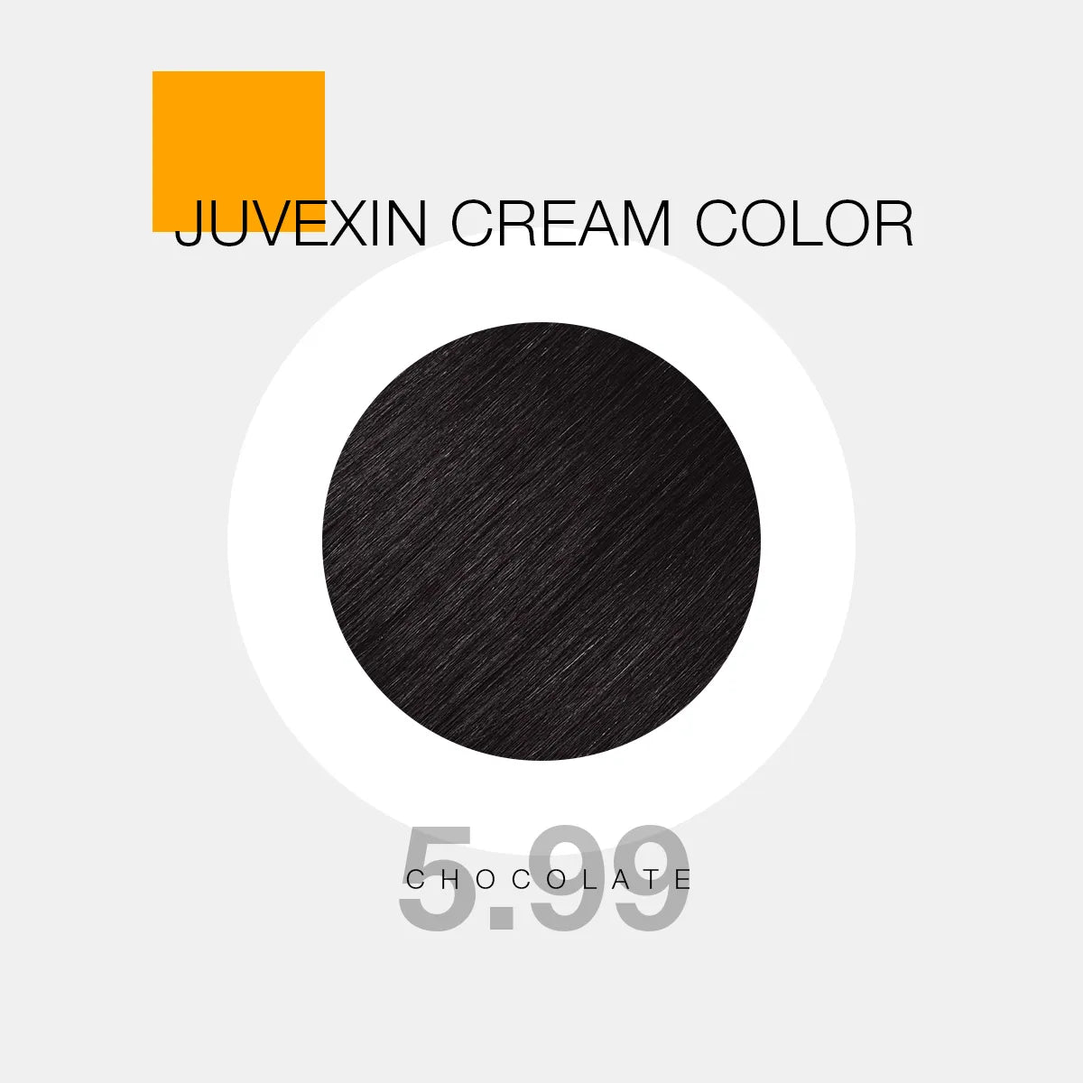 A hair color sample displays a Chocolate shade labeled as "Juvexin Cream Color 5.99 Chocolate" with a small orange square above the text.