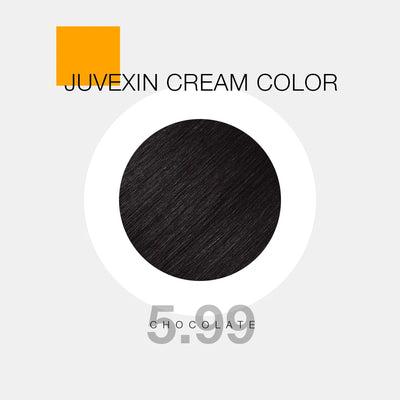 A hair color sample displays a Chocolate shade labeled as "Juvexin Cream Color 5.99 Chocolate" with a small orange square above the text.
