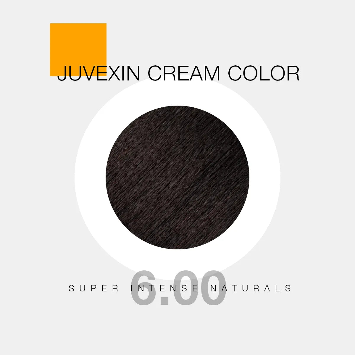 Juvexin Cream Color in shade 6.00 Super Intense Naturals. A circular swatch shows Dark Blonde color, with bold text and a small orange square accent.