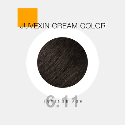 A hair color sample displays a Intense ash shade labeled as "Juvexin Cream Color 6.11 Intense Ash" with a small orange square above the text.