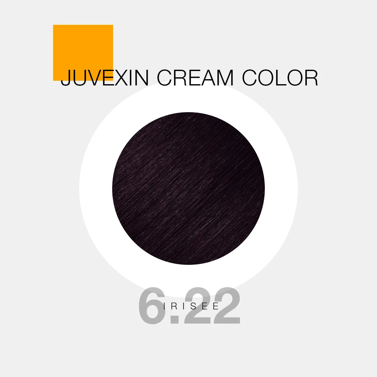 Juvexin Cream Color in shade 6.22 Irisee. A circular swatch shows Irisee color, with bold text and a small orange square accent.