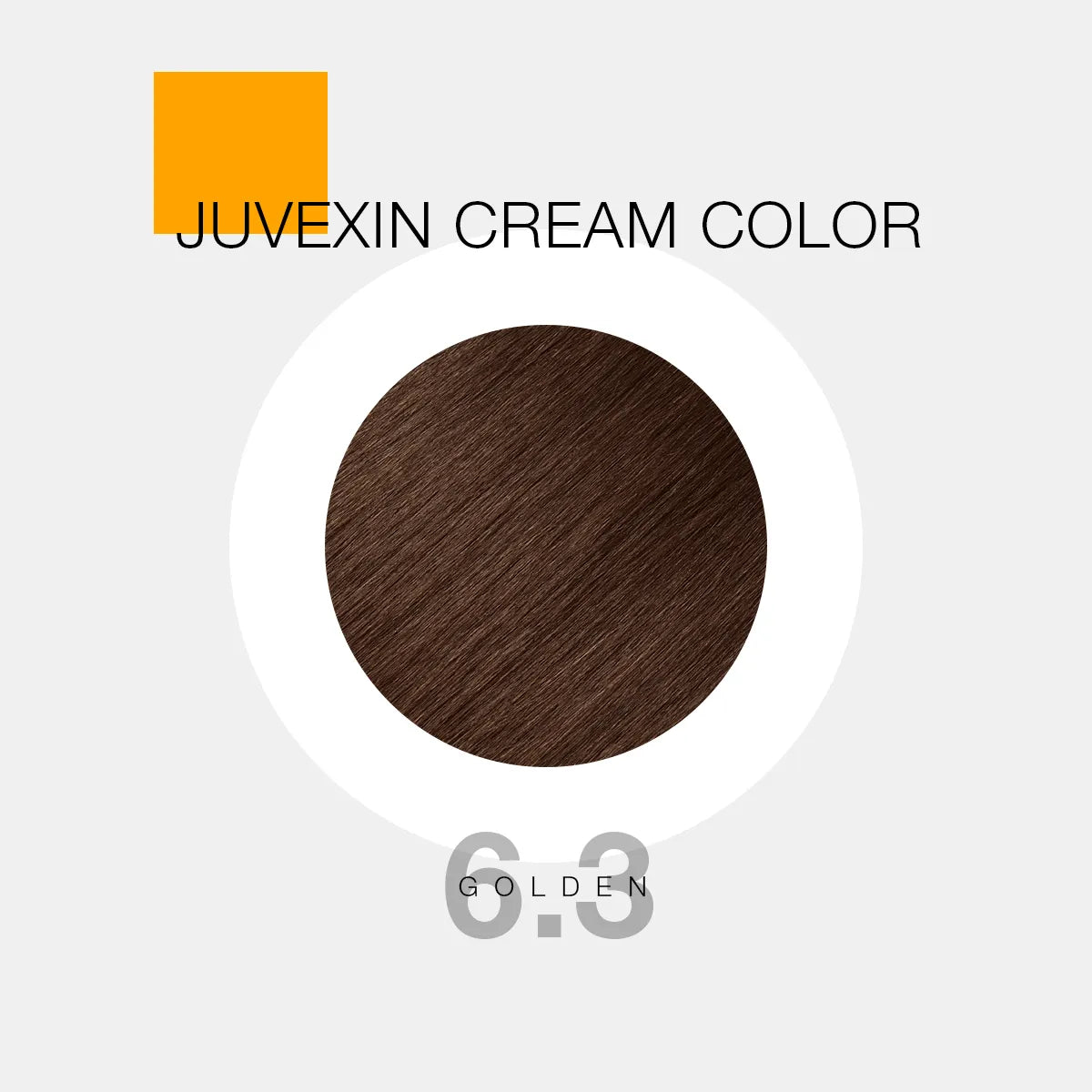 A hair color sample displays a Gold shade labeled as "Juvexin Cream Color 6.3 Golden" with a small orange square above the text.