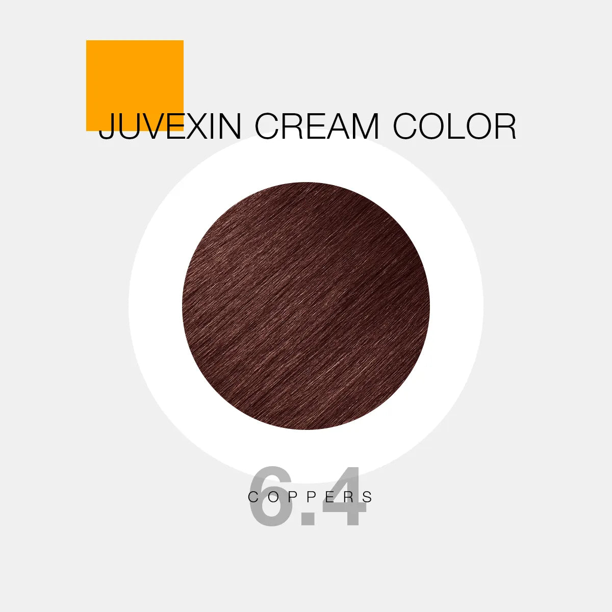 A hair color sample displays a Coppers shade labeled as "Juvexin Cream Color 6.4 Coppers" with a small orange square above the text.