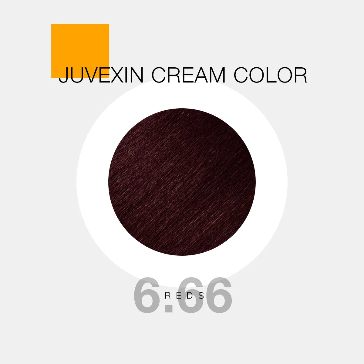 A hair color sample displays a Dark Red shade labeled as "Juvexin Cream Color 6.66 Reds" with a small orange square above the text.