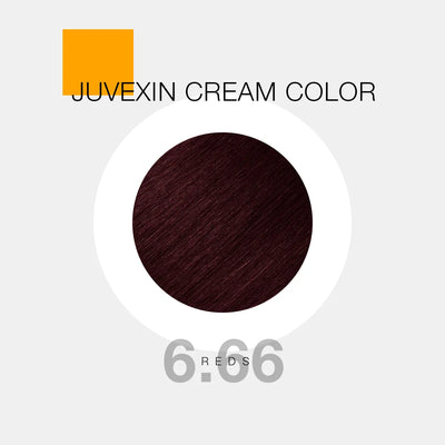 A hair color sample displays a Dark Red shade labeled as "Juvexin Cream Color 6.66 Reds" with a small orange square above the text.