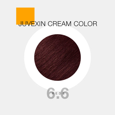 A hair color sample displays a Red shade labeled as "Juvexin Cream Color 6.6 Reds" with a small orange square above the text.