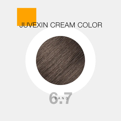 Juvexin Cream Color in shade 6.7 Sand. A circular swatch shows a dark sand color, with bold text and a small orange square accent.
