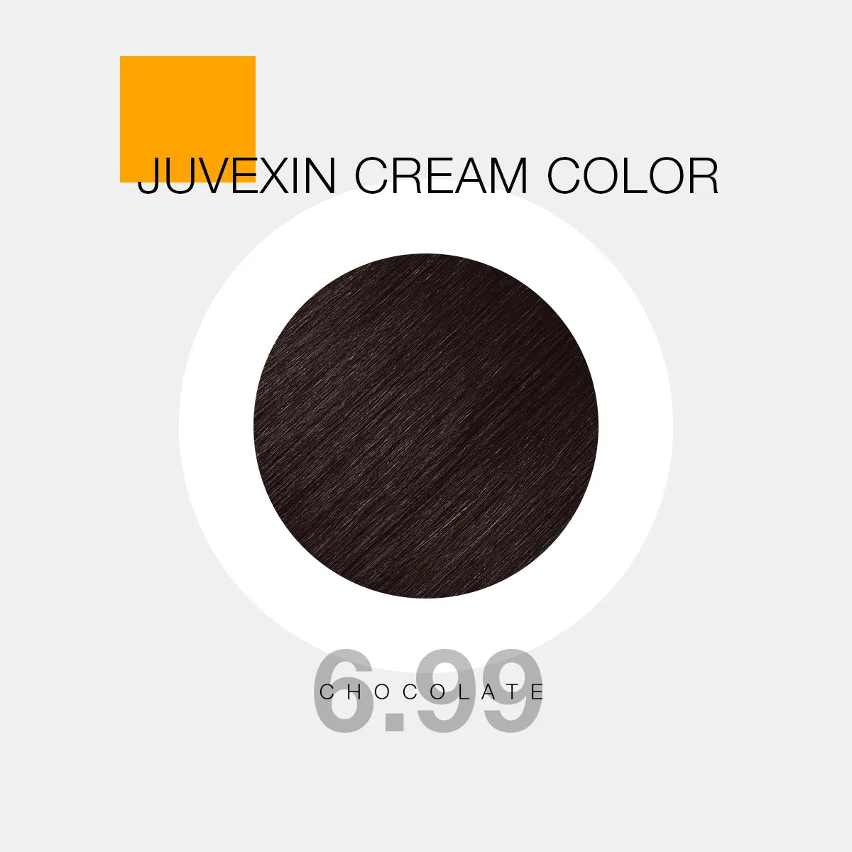 A hair color sample displays a Chocolate shade labeled as "Juvexin Cream Color 6.99 Chocolate" with a small orange square above the text.