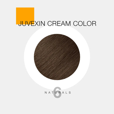 A hair color sample displays a medium brown shade labeled as "Juvexin Cream Color 6 Naturals" with a small orange square above the text.