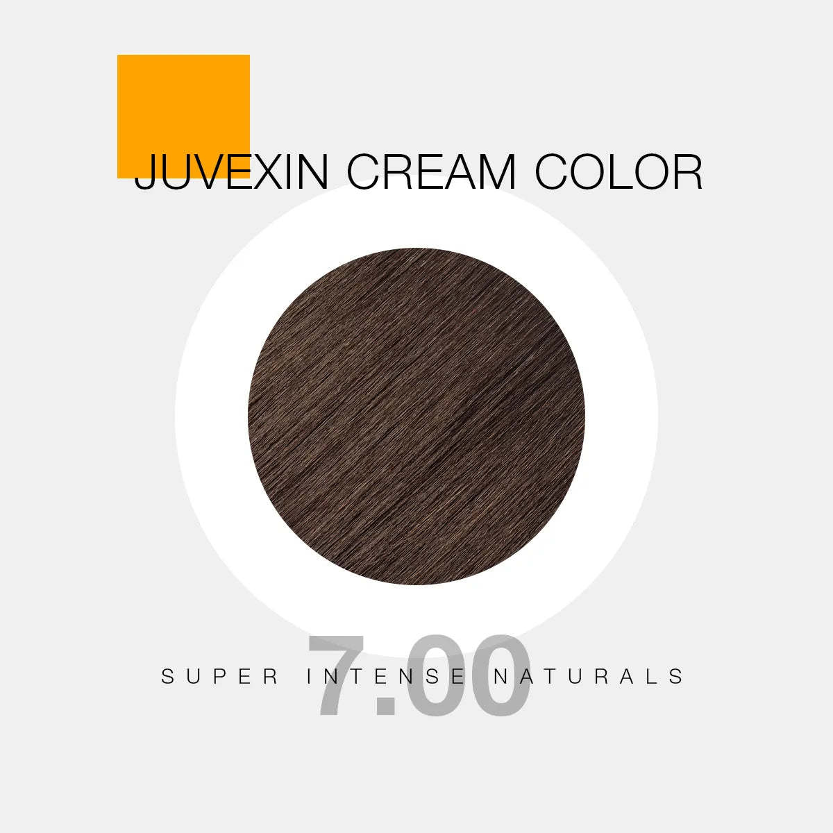 Juvexin Cream Color in shade 7.00 Super Intense Naturals. A circular swatch shows 7.00 Super Intense Blonde color, with bold text and a small orange square accent.
