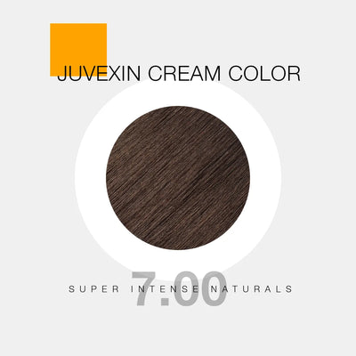 Juvexin Cream Color in shade 7.00 Super Intense Naturals. A circular swatch shows 7.00 Super Intense Blonde color, with bold text and a small orange square accent.