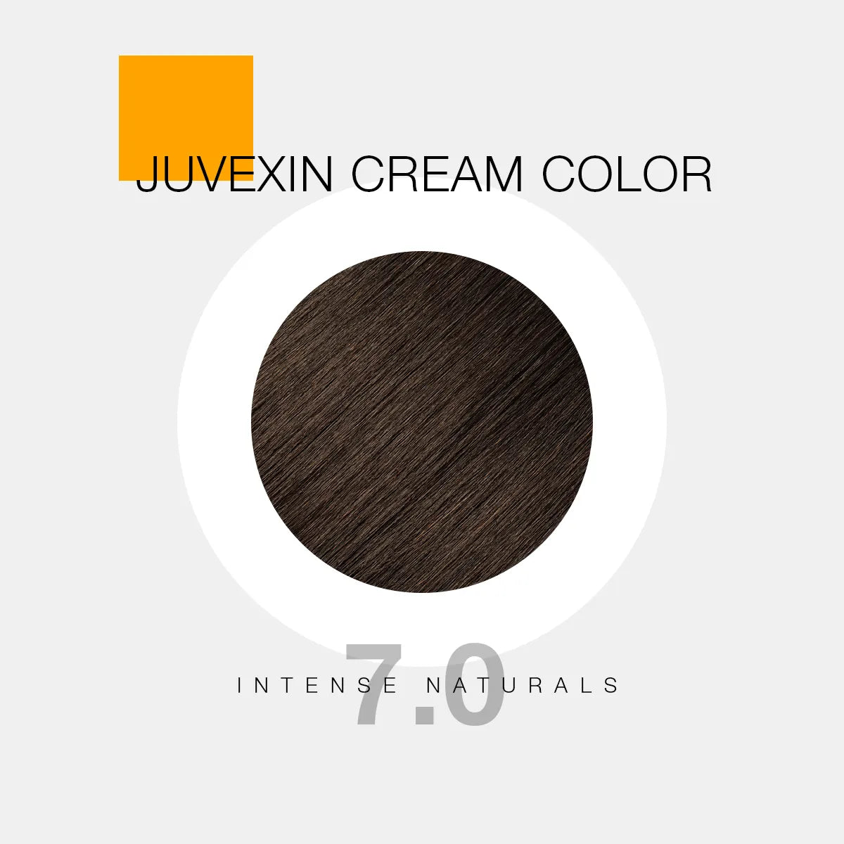 A hair color sample displays a brown shade labeled as "Juvexin Cream Color 7.0 Intense Naturals" with a small orange square above the text.