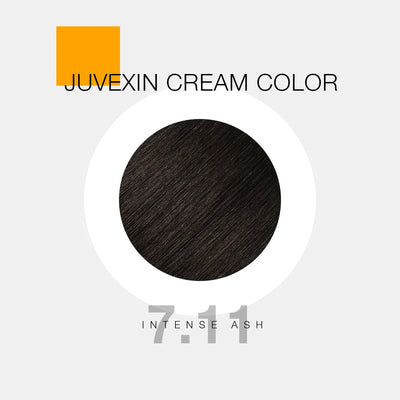 A hair color sample displays a Intense ash shade labeled as "Juvexin Cream Color 7.11 Intense Ash" with a small orange square above the text.