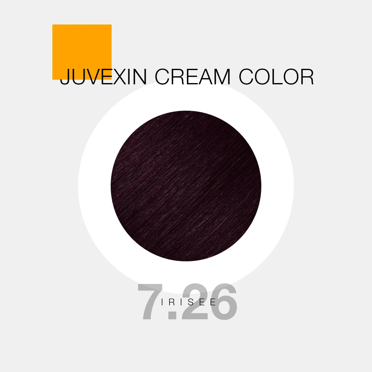 A hair color sample displays a Dark Brown shade labeled as "Juvexin Cream Color 7.26 Irisee" with a small orange square above the text.
