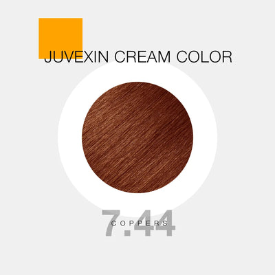 A hair color sample displays a medium brown shade labeled as "Juvexin Cream Color 7 Coppers" with a small orange square above the text.