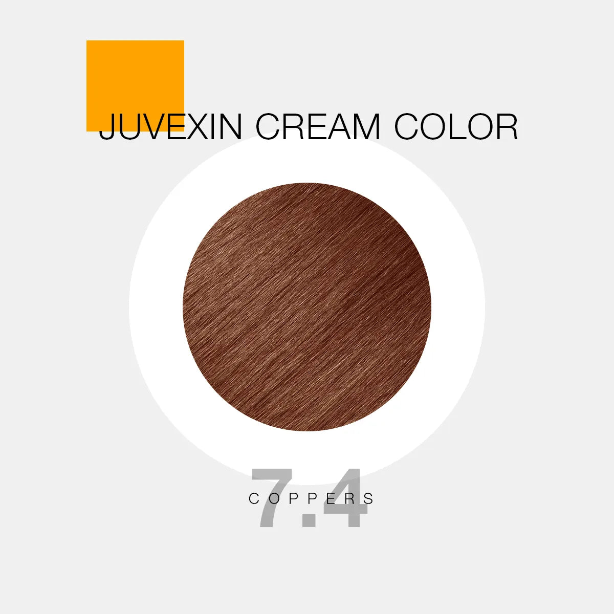 A hair color sample displays a medium brown shade labeled as "Juvexin Cream Color 7.4 Coppers" with a small orange square above the text.