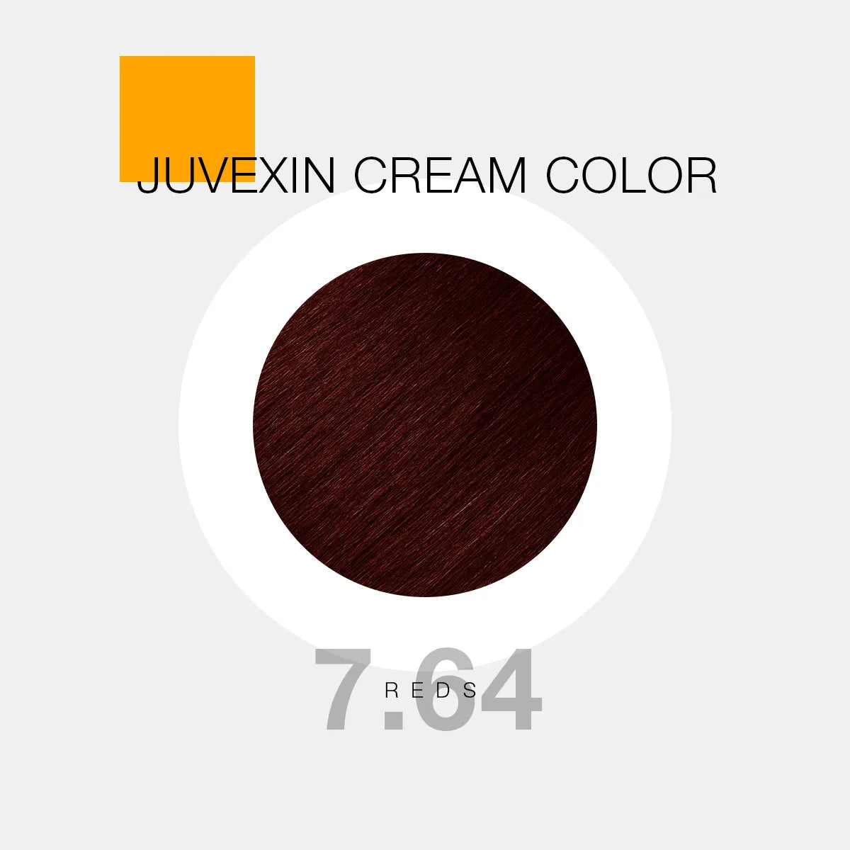 A hair color sample displays a Dard Red shade labeled as "Juvexin Cream Color 7.64 Reds" with a small orange square above the text.