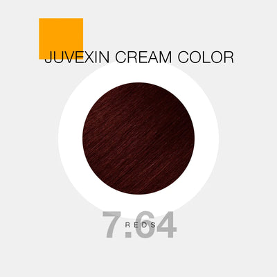 A hair color sample displays a Dard Red shade labeled as "Juvexin Cream Color 7.64 Reds" with a small orange square above the text.