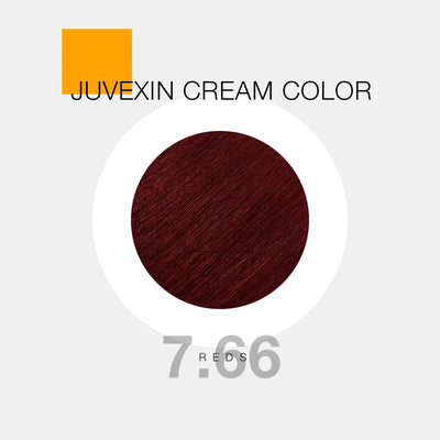 A hair color sample displays a Red shade labeled as "Juvexin Cream Color 7.66 Reds" with a small orange square above the text.