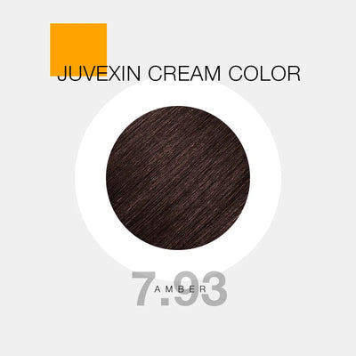 A hair color sample displays a Amber shade labeled as "Juvexin Cream Color 7.93 Amber" with a small orange square above the text.