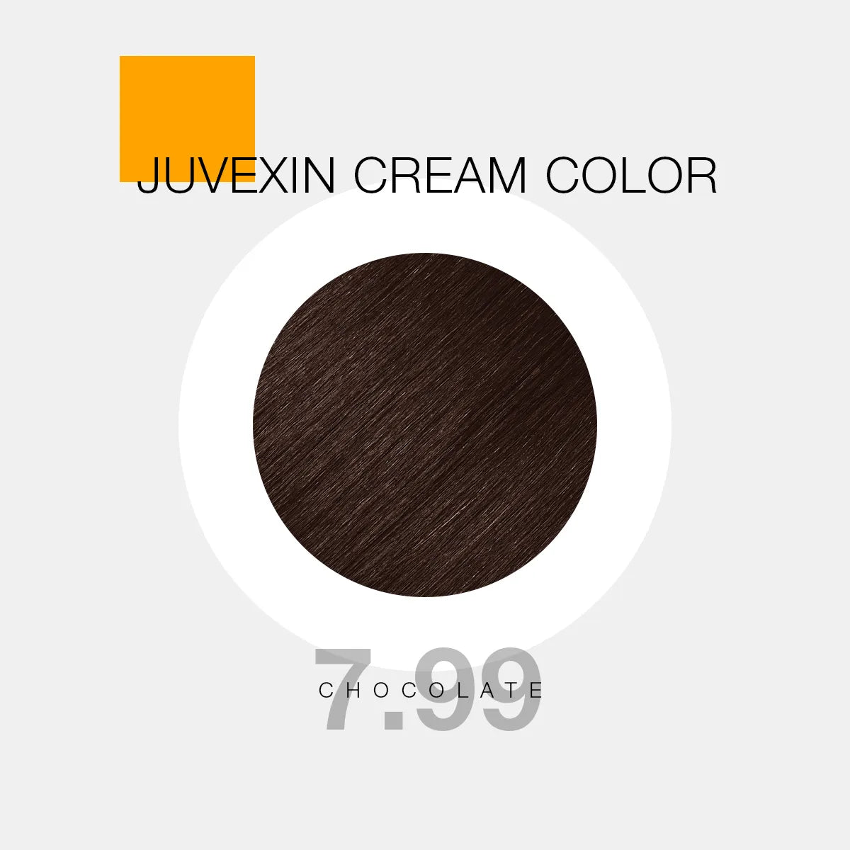 A hair color sample displays a Chocolate shade labeled as "Juvexin Cream Color 7.99 Chocolate" with a small orange square above the text.